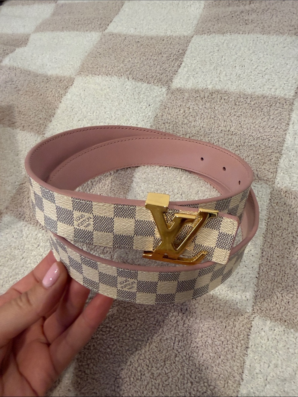 Louis Vuitton Pink and Damier Azur Check Gold LV Buckle Belt
